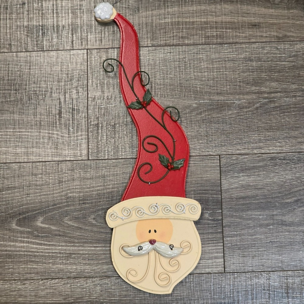 Santa Claus Whimsical 3D Face Beard Hat Holly Wire Hanging Christmas Wood Decor